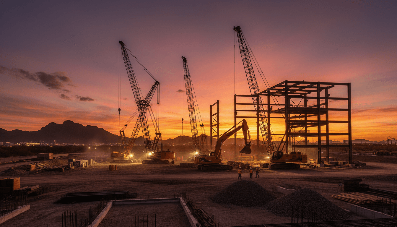 Construction site at golden hour showing scale and industrial aesthetic